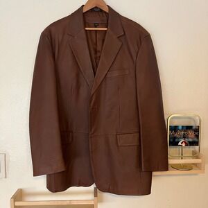 Stafford Essentials Men's Brown Leather Blazer‎ Jacket L/G Classic Button Up
